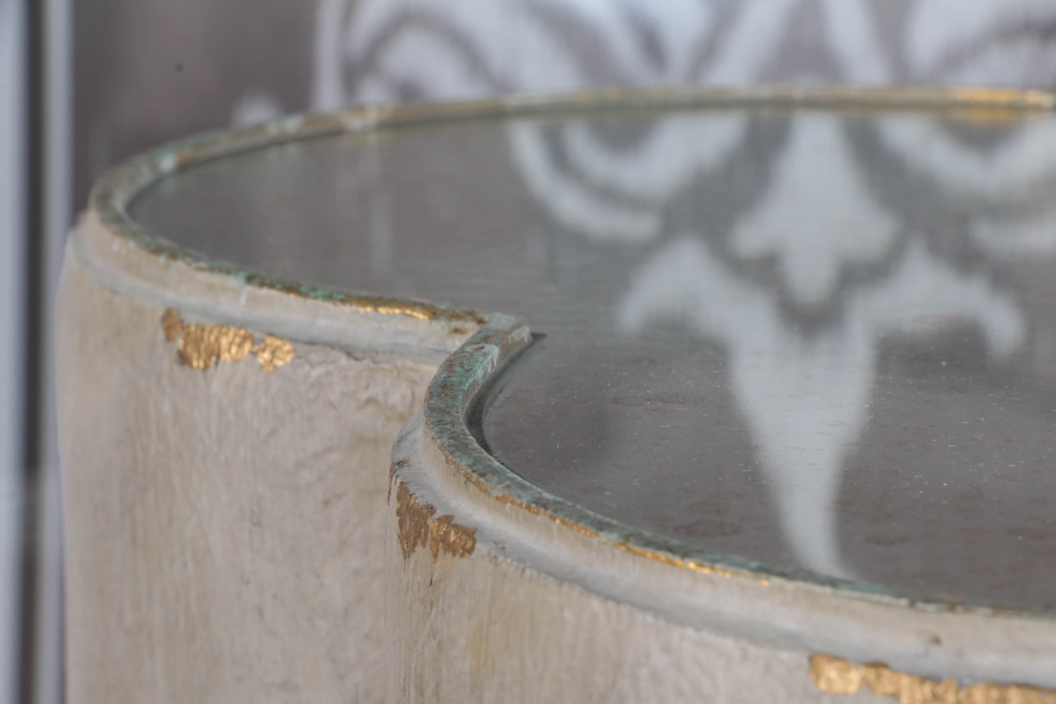 Resin Side Table with Mirrored Surface and Giclée Prints of Stylized Foliage