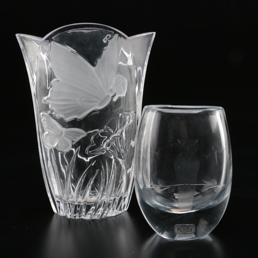 Crystal Vases Featuring Block "Meadow" and Kosta Boda Signed Owl