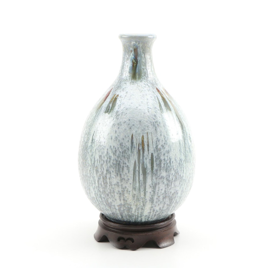 Glazed Ceramic Vase with Wood Stand