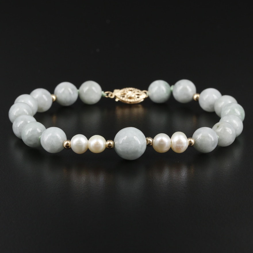 14K Yellow Gold Jadeite and Cultured Pearl Strand Bracelet