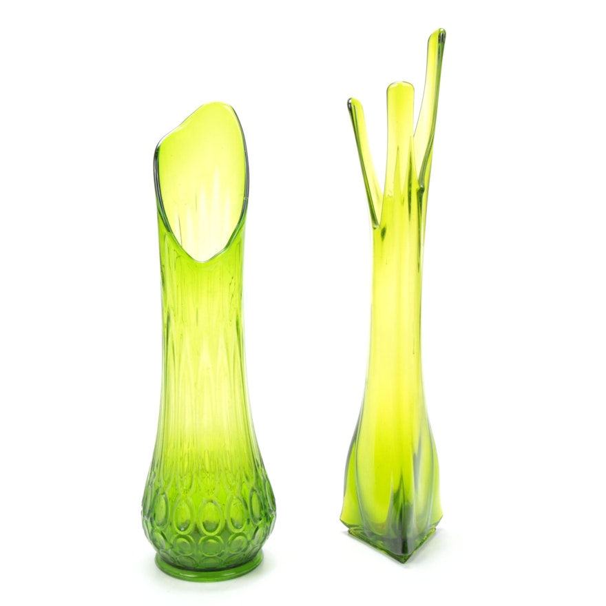 Mid Century Modern Green Glass Swung Vases, Mid-20th Century