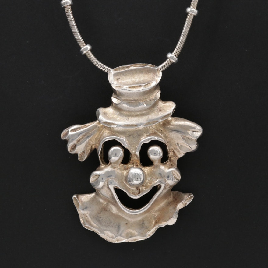 Sterling Silver Happy Clown Pendant Necklace