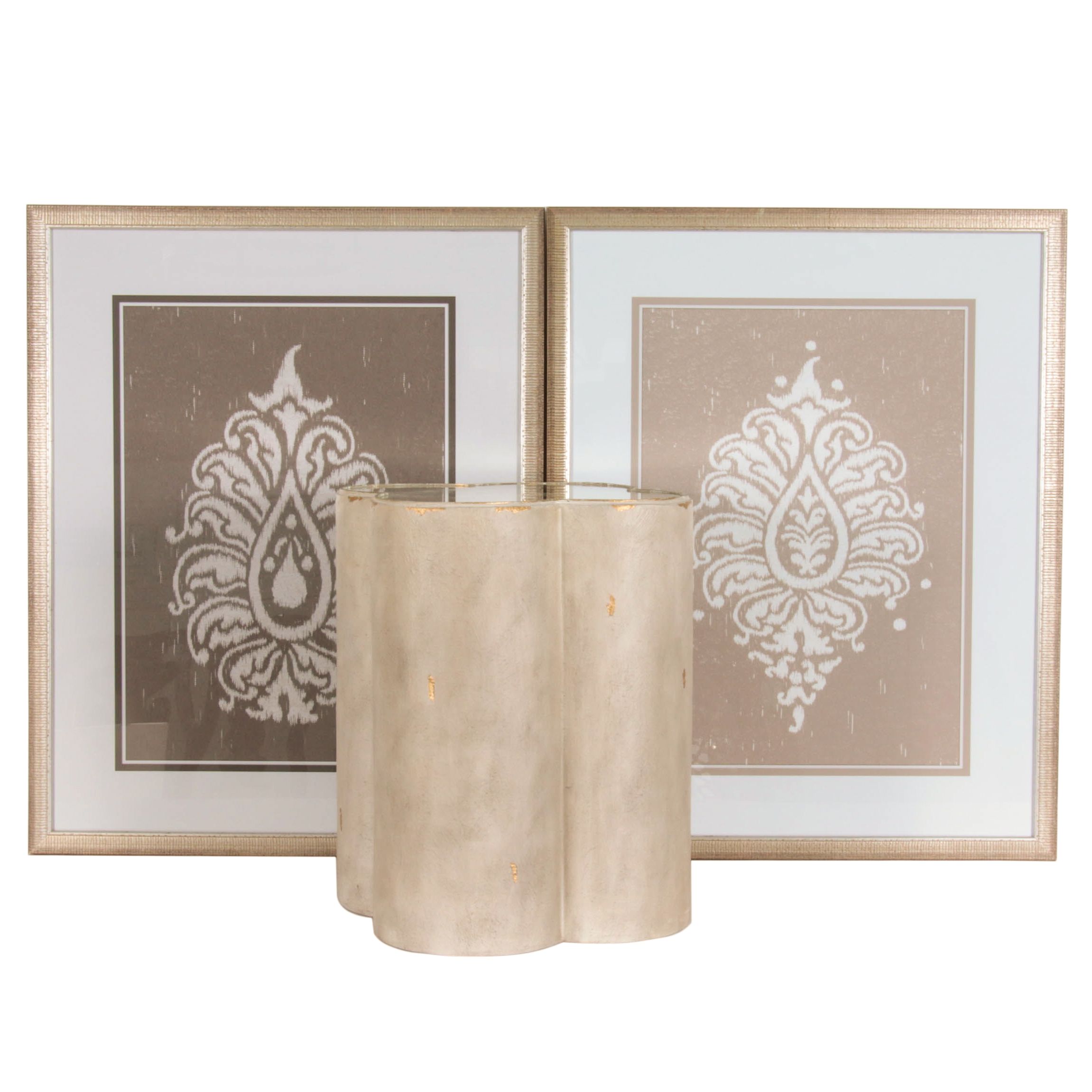 Resin Side Table with Mirrored Surface and Giclée Prints of Stylized Foliage