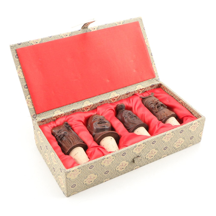 Chinese Hand Carved Hardwood Bottle Stoppers in Fabric Case