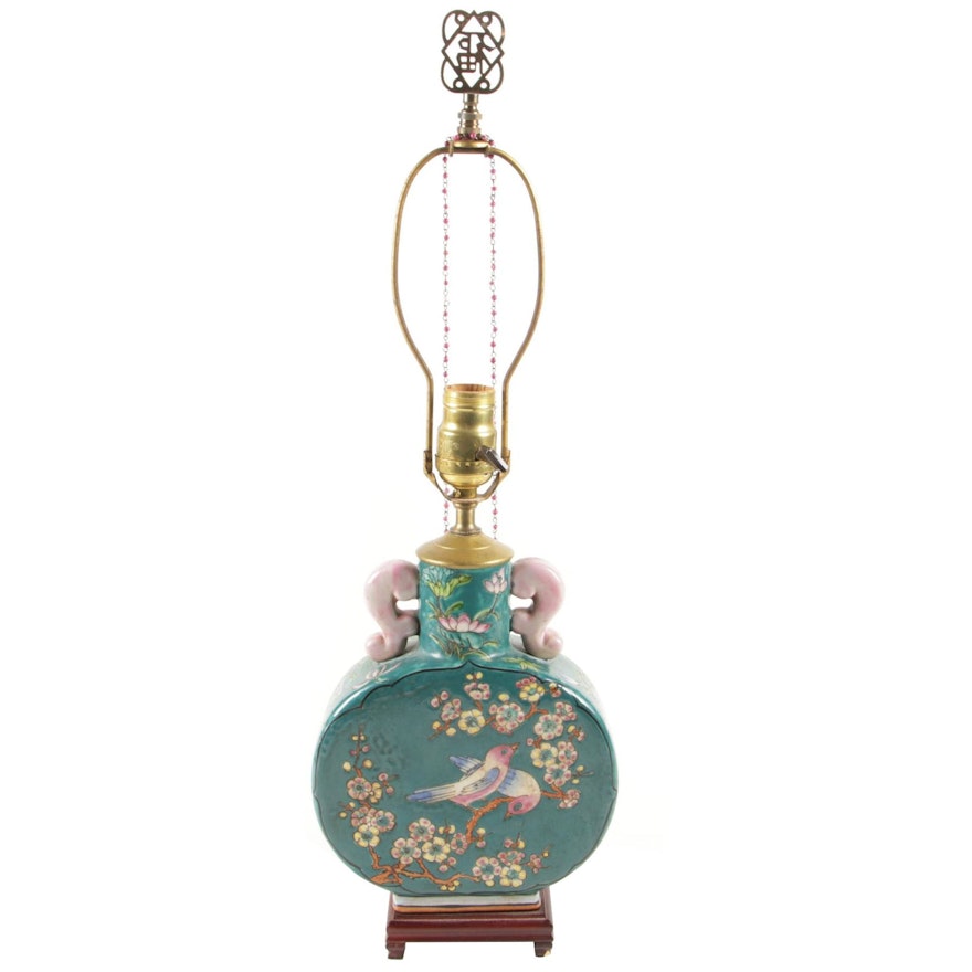 Asian Lotus Painted Porcelain Moon Flask Table Lamp, Vintage