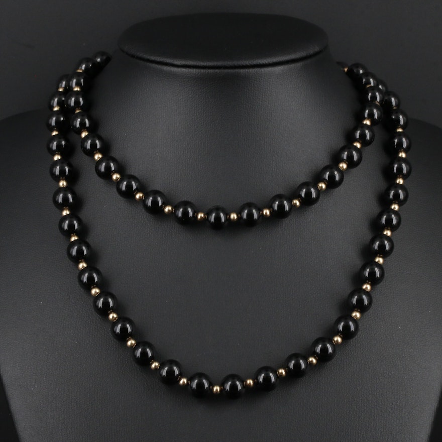 14K Yellow Gold Black Onyx Endless Beaded Necklace