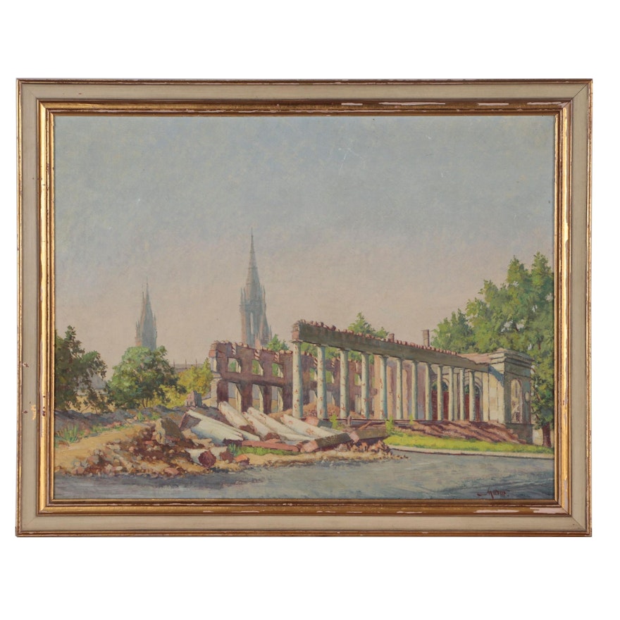 Continental School Oil Painting of Post-WWII Wiesbaden, Mid 20th Century