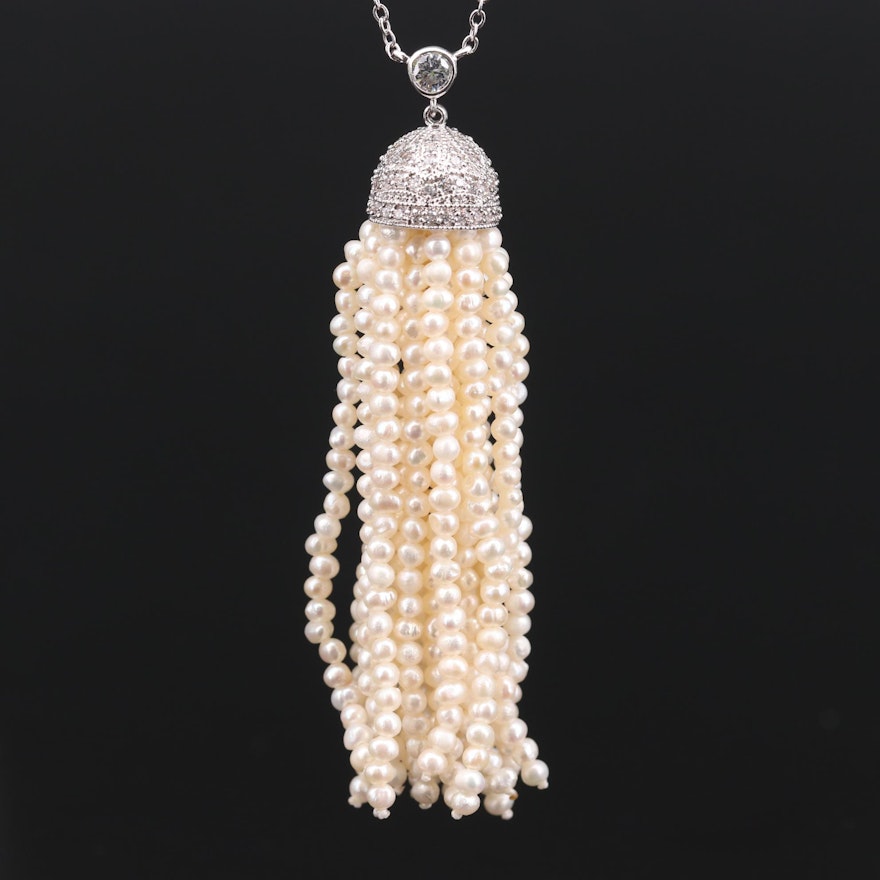 Kenneth Jay Lane Pearl and Cubic Zirconia Tassel Necklace on Station Chain