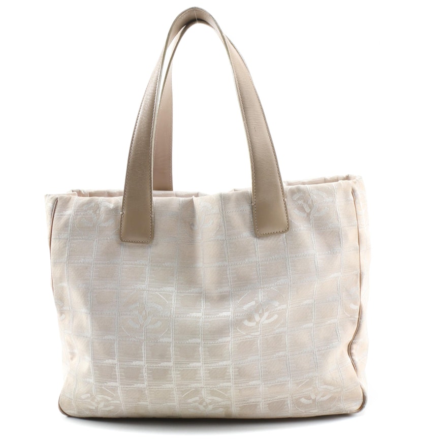 Chanel Travel Line Tote Bag in Beige CC Jacquard and Leather