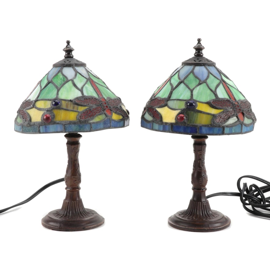 Pair of Art Nouveau Style Bronze Finish Metal and Slag Glass Boudoir Lamps