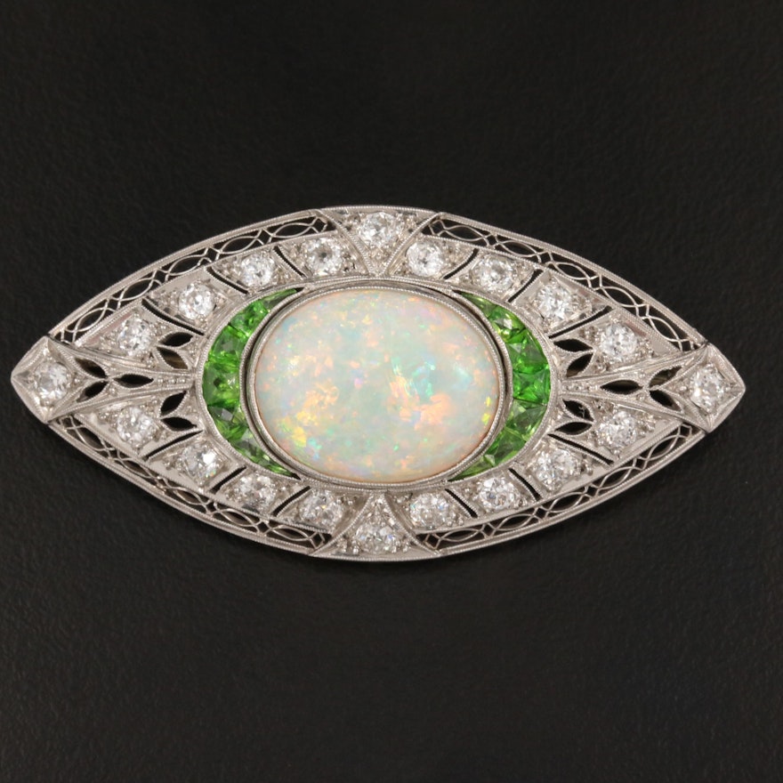 Art Deco Platinum 7.10 CT Opal, Demantoid Garnet and 1.74 CTW Diamond Brooch