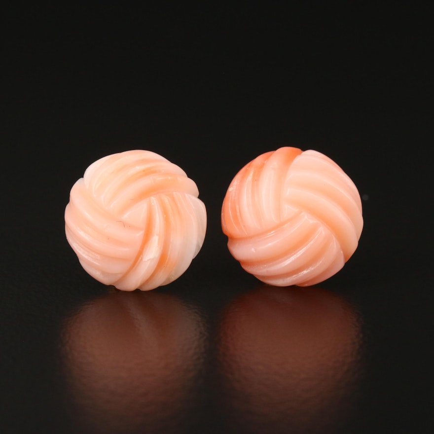 14K Yellow Gold Carved Coral Stud Earrings