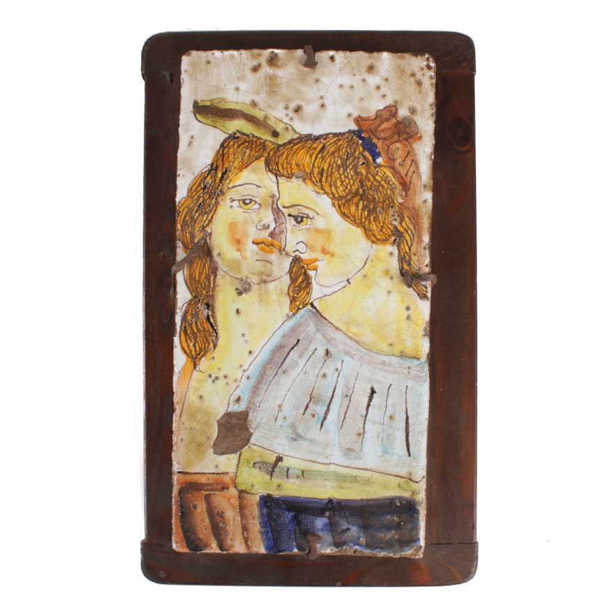 Italian Hand-Painted Ceramic Tile on Wooden Wall Mount, Mid-20th Century