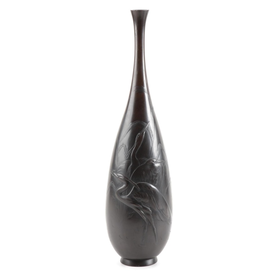 Japanese Crane Motif Bronze Bottle Vase
