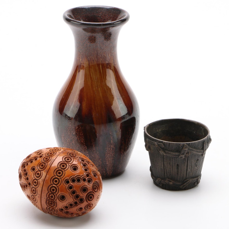 Glitter Glaze Bud Vase, Miniature Brass Bucket, and Tagua Nut Carved Case