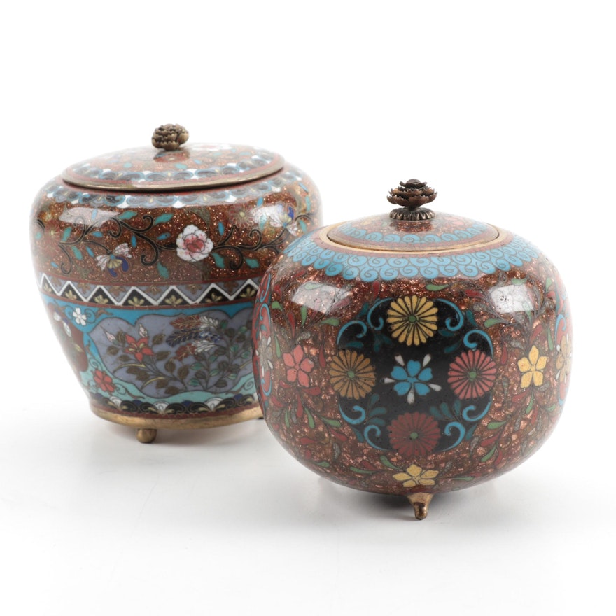 Japanese Cloissoné Enamel Goldstone Lidded Three Footed Jars with Lotus Finials