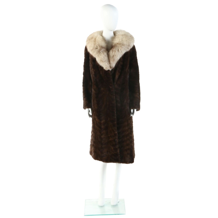 Fontaine Herringbone Mink Fur Coat with Fox Fur Collar