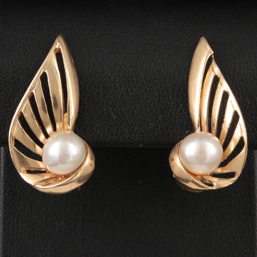 Vintage 14K Yellow Gold Cultured Pearl Clip-On Earrings