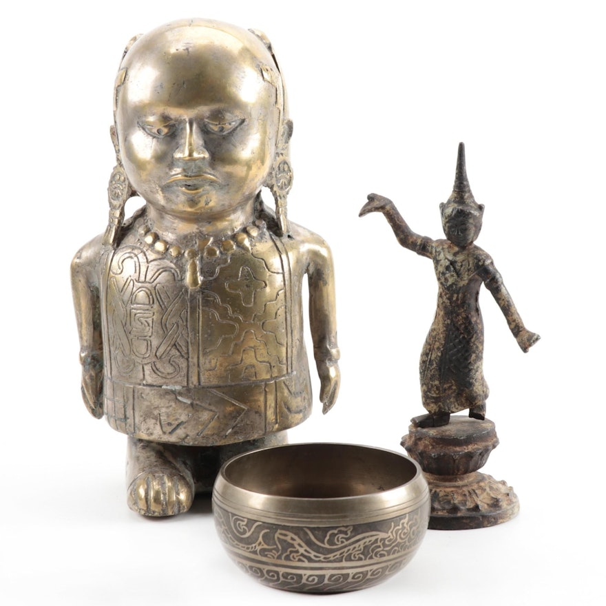 Thai Dancing Statuette and Southeast Asian Brass Figure with Buddha Bowl