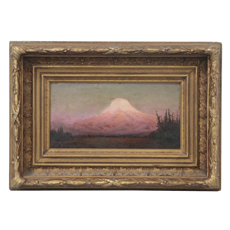 James E. Stuart Tonalist Oil Painting "Sunset Glow Mt. Tacoma", 1907
