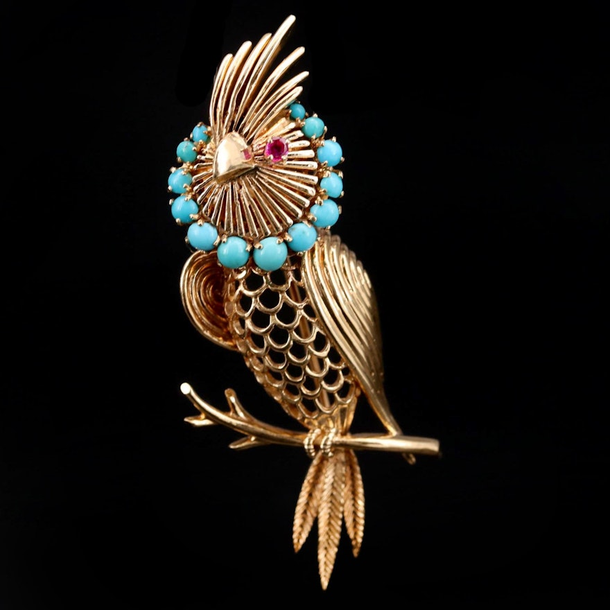 1960s 14K Yellow Gold Ruby and Turquoise Bird Brooch