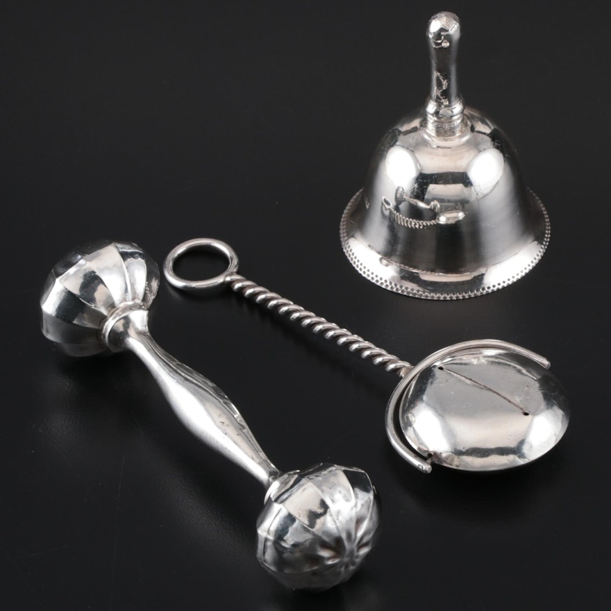 Webster Sterling Silver Baby Rattles and Egyptian 900 Silver Hand Bell