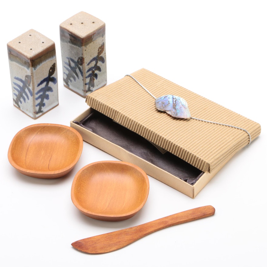 Mel Cornshucker Stoneware Salt and Pepper Shakers with Kauri Wood Tableware