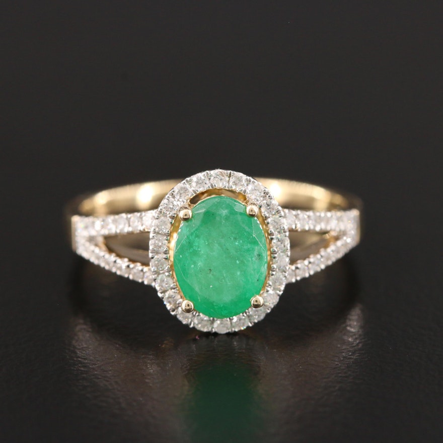 14K Yellow Gold Emerald and Diamond Split Shank Halo Ring