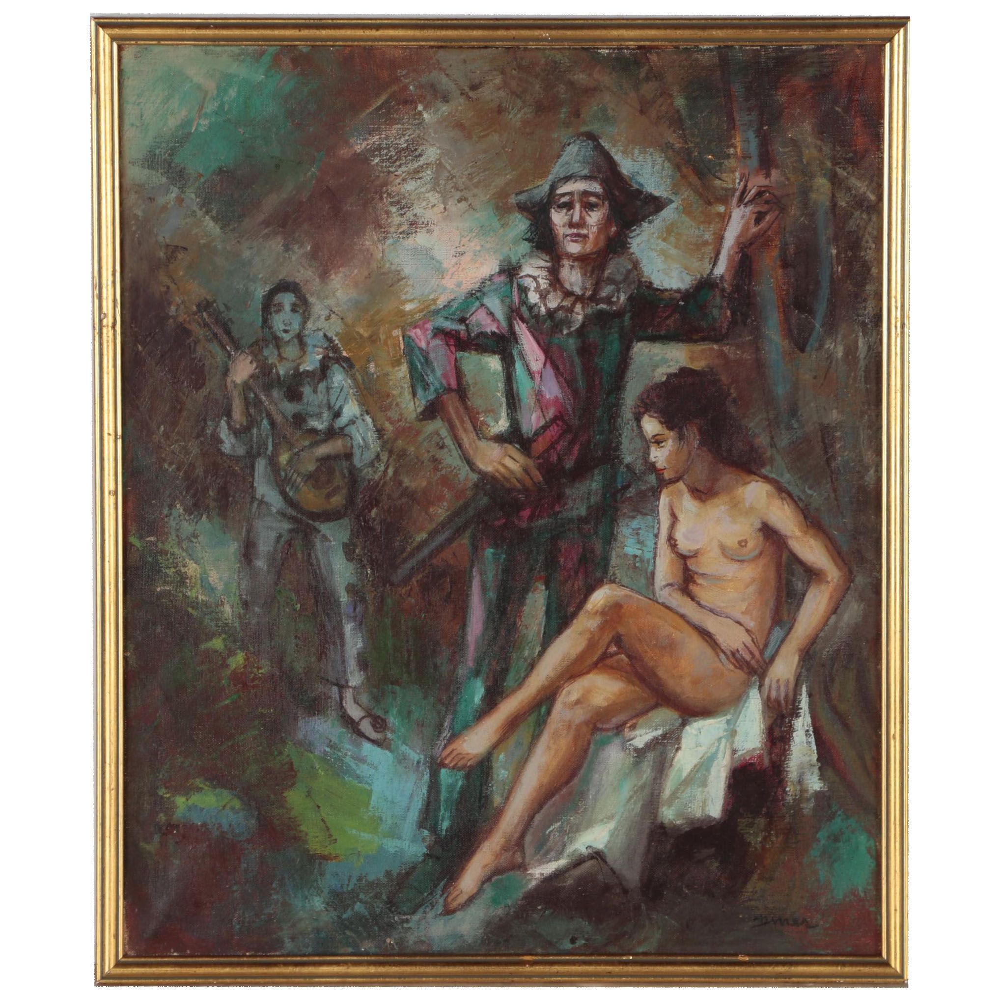 Pierre Diner Abstract Figural Oil Painting