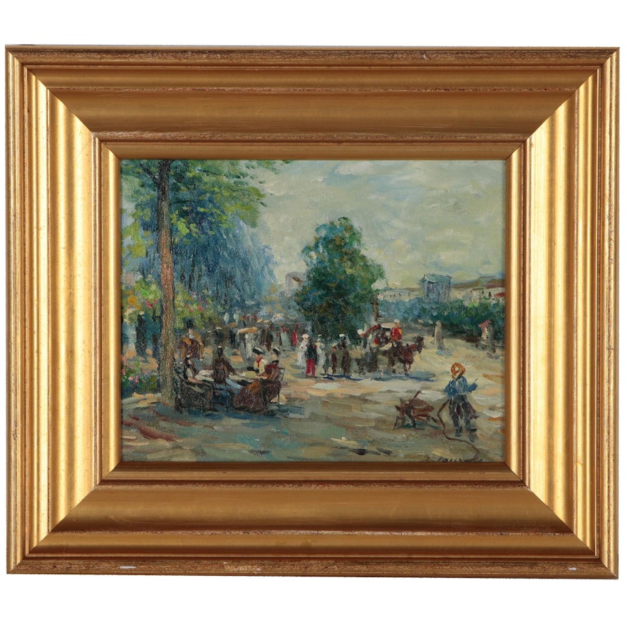 Town Square Oil Painting, Late 20th Century