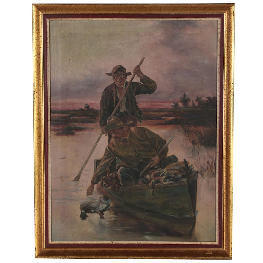 Oil Painting of Duck Hunters in Canoe