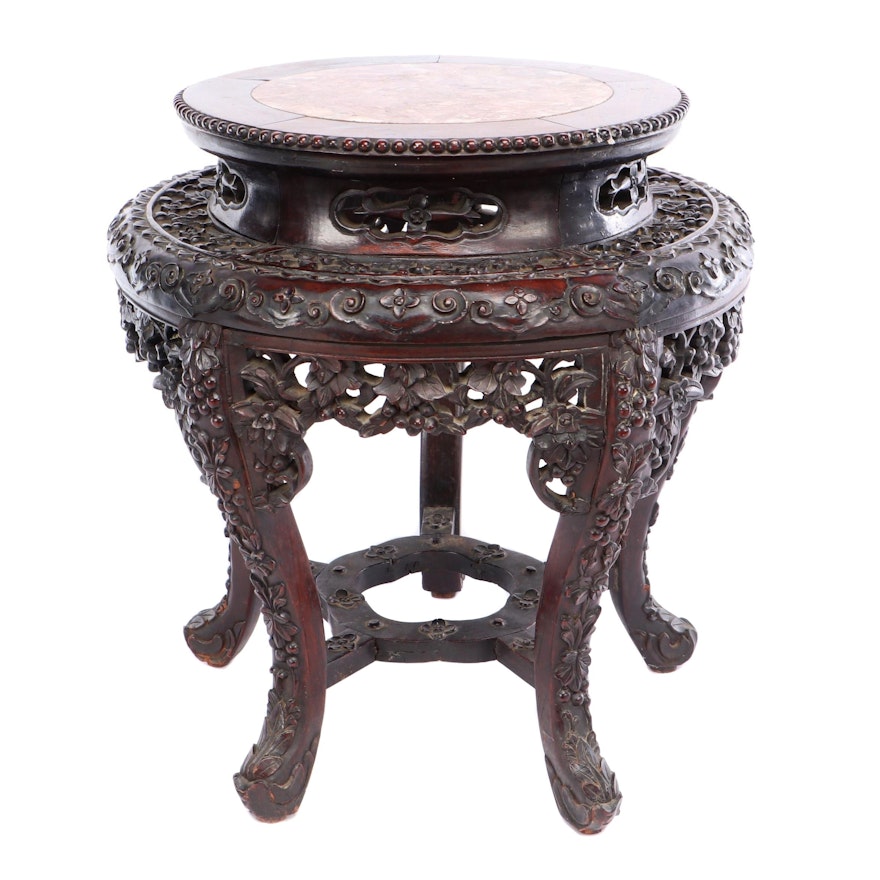 Chinese Carved Rosewood and Rouge Marble Low Table or Plant Stand, 19th C.