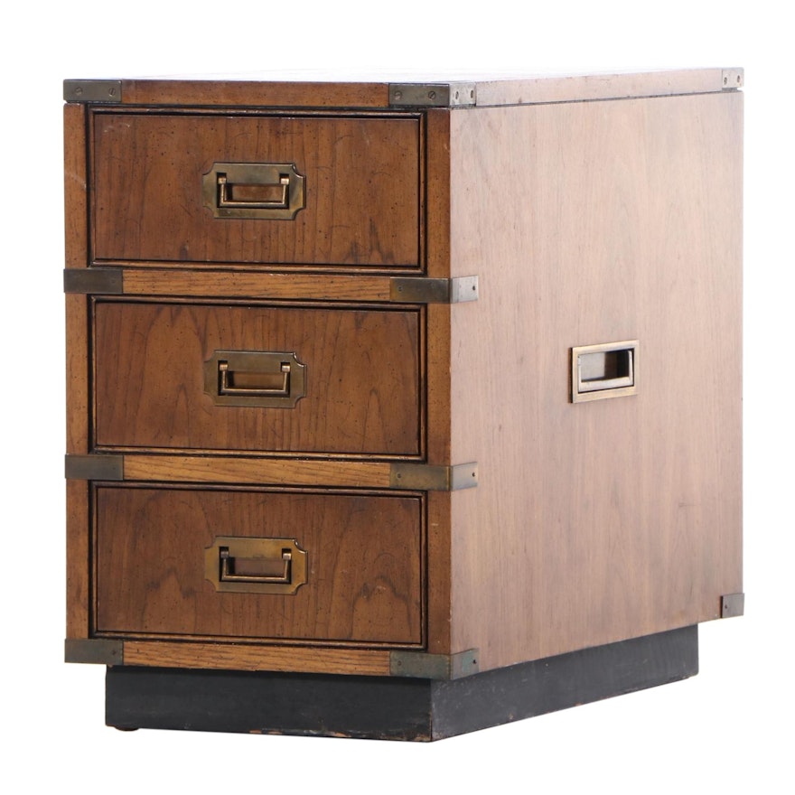 Brandt Campaign Style Pecan-Stained Bedside Chest of Drawers, Late 20th Century