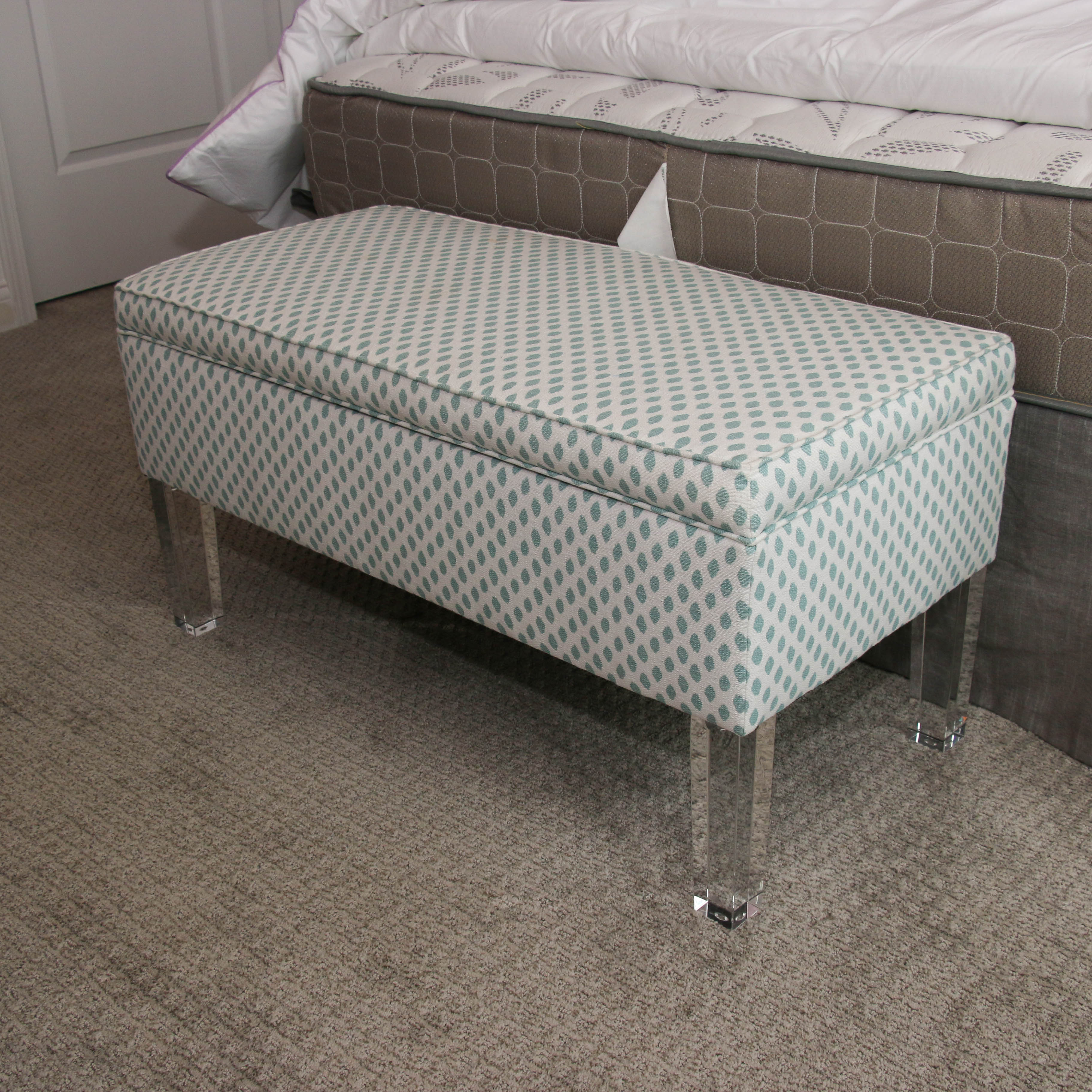 Upholstered Storage Bench on Raised Acrylic Legs, Contemporary
