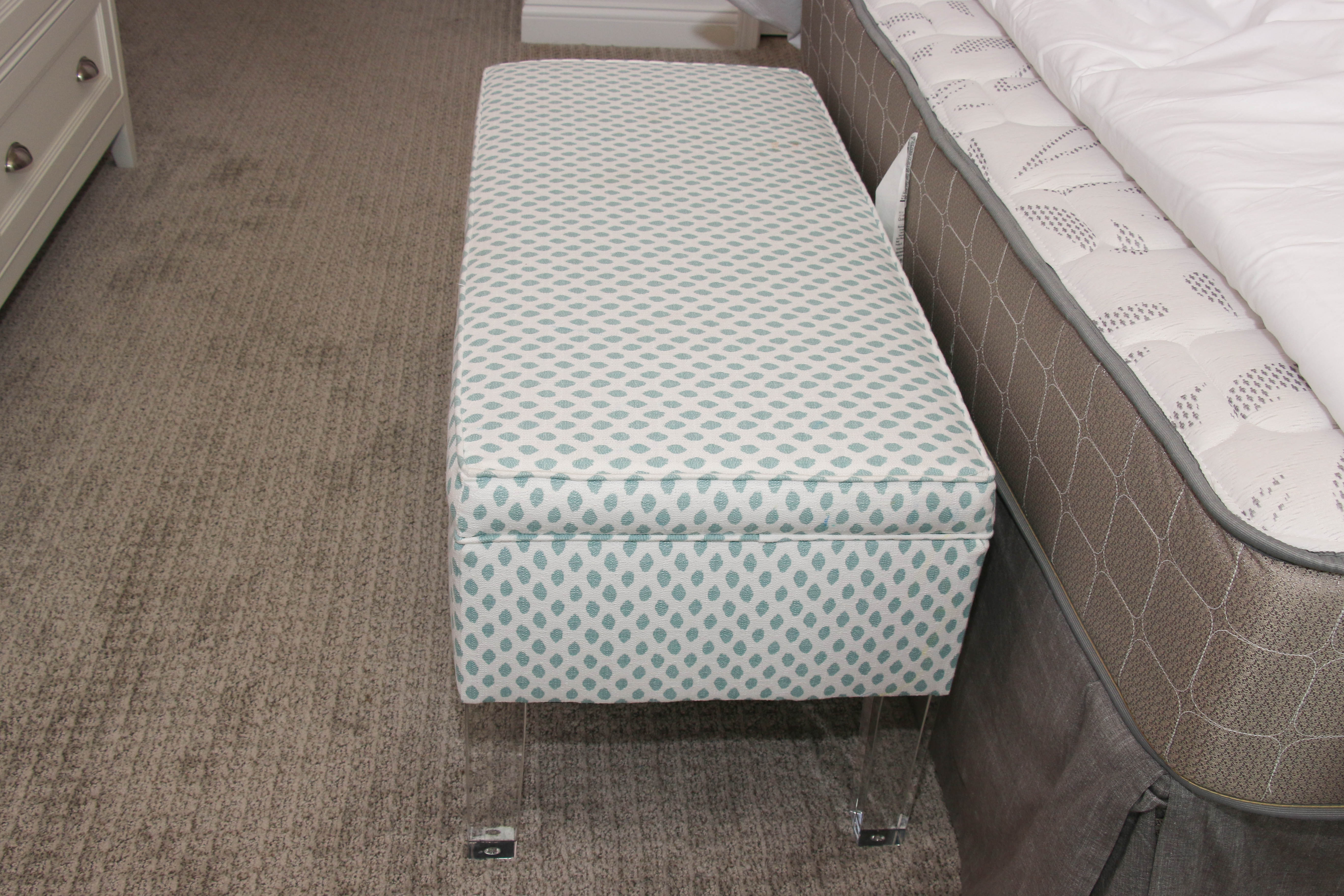 Upholstered Storage Bench on Raised Acrylic Legs, Contemporary