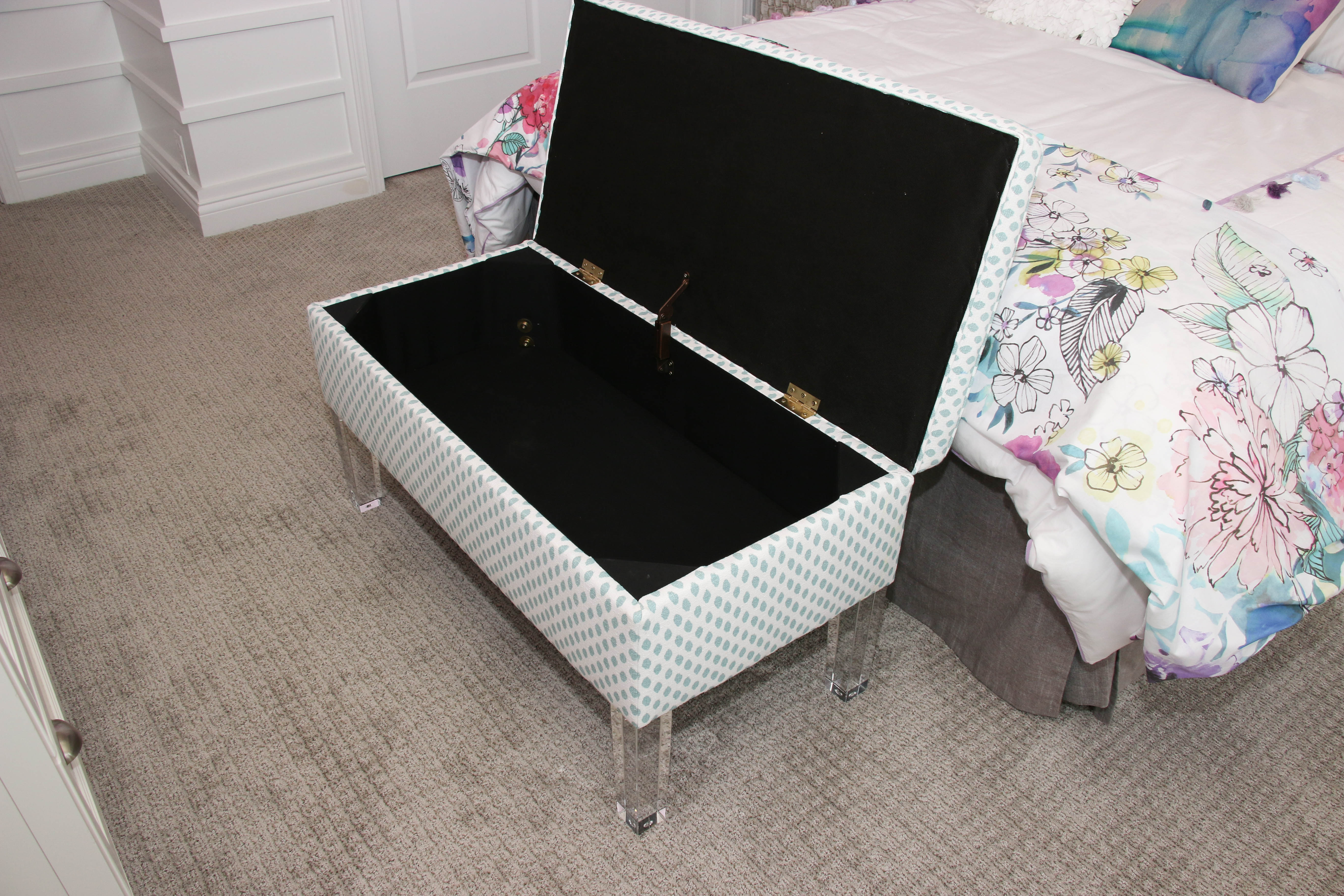 Upholstered Storage Bench on Raised Acrylic Legs, Contemporary