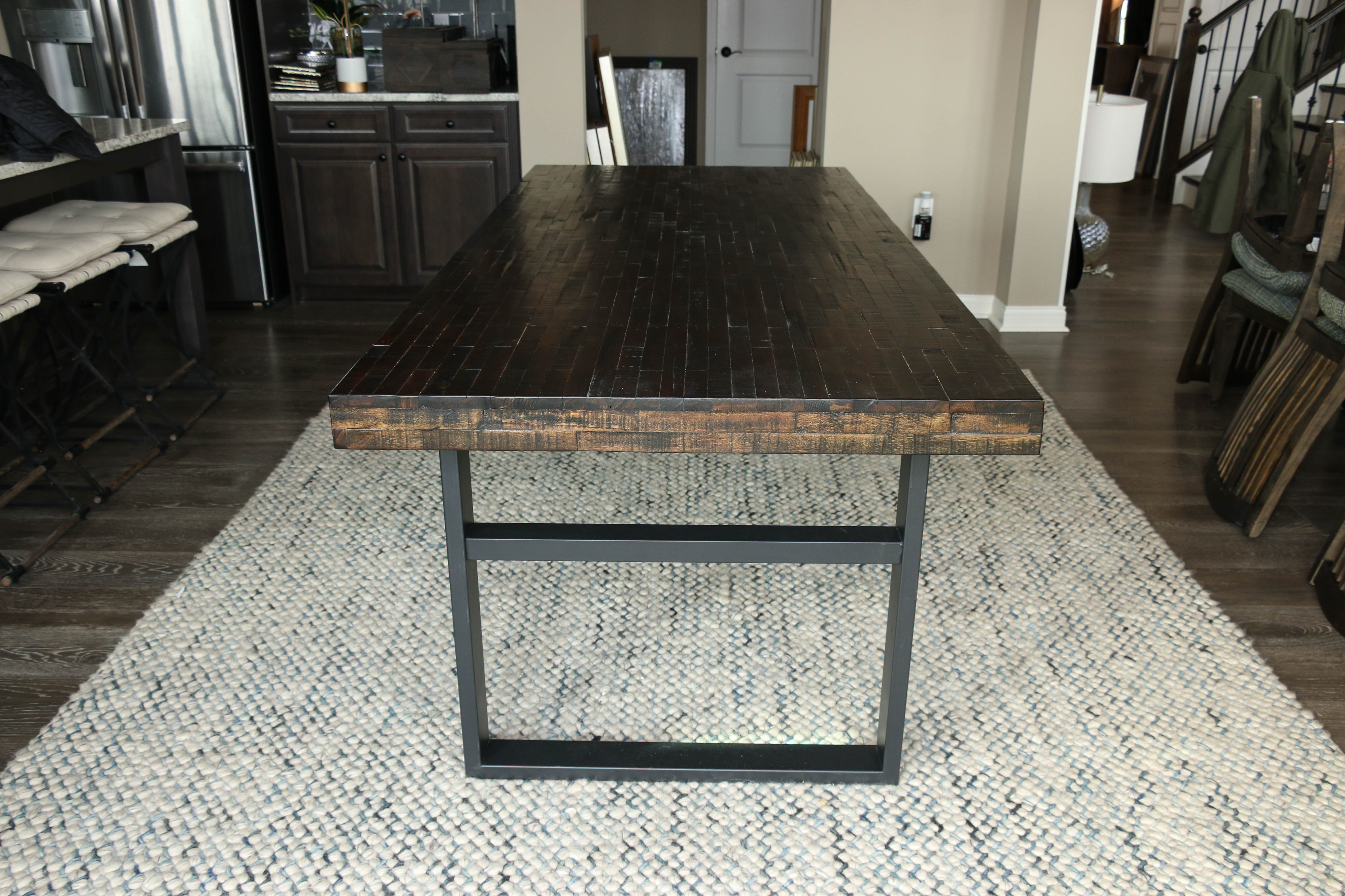Wood Tile Dining Table with Metal Base, Contemporary