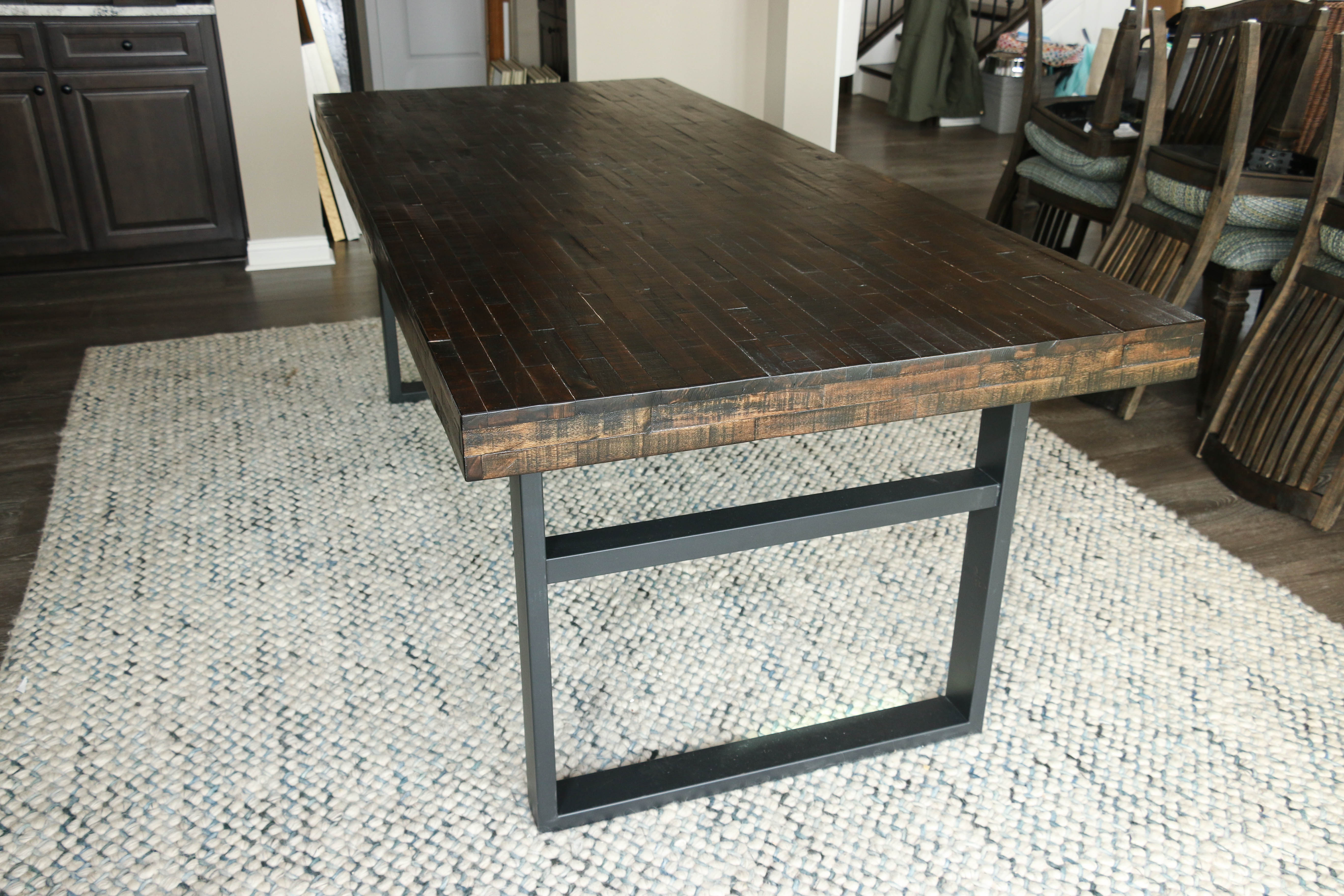 Wood Tile Dining Table with Metal Base, Contemporary