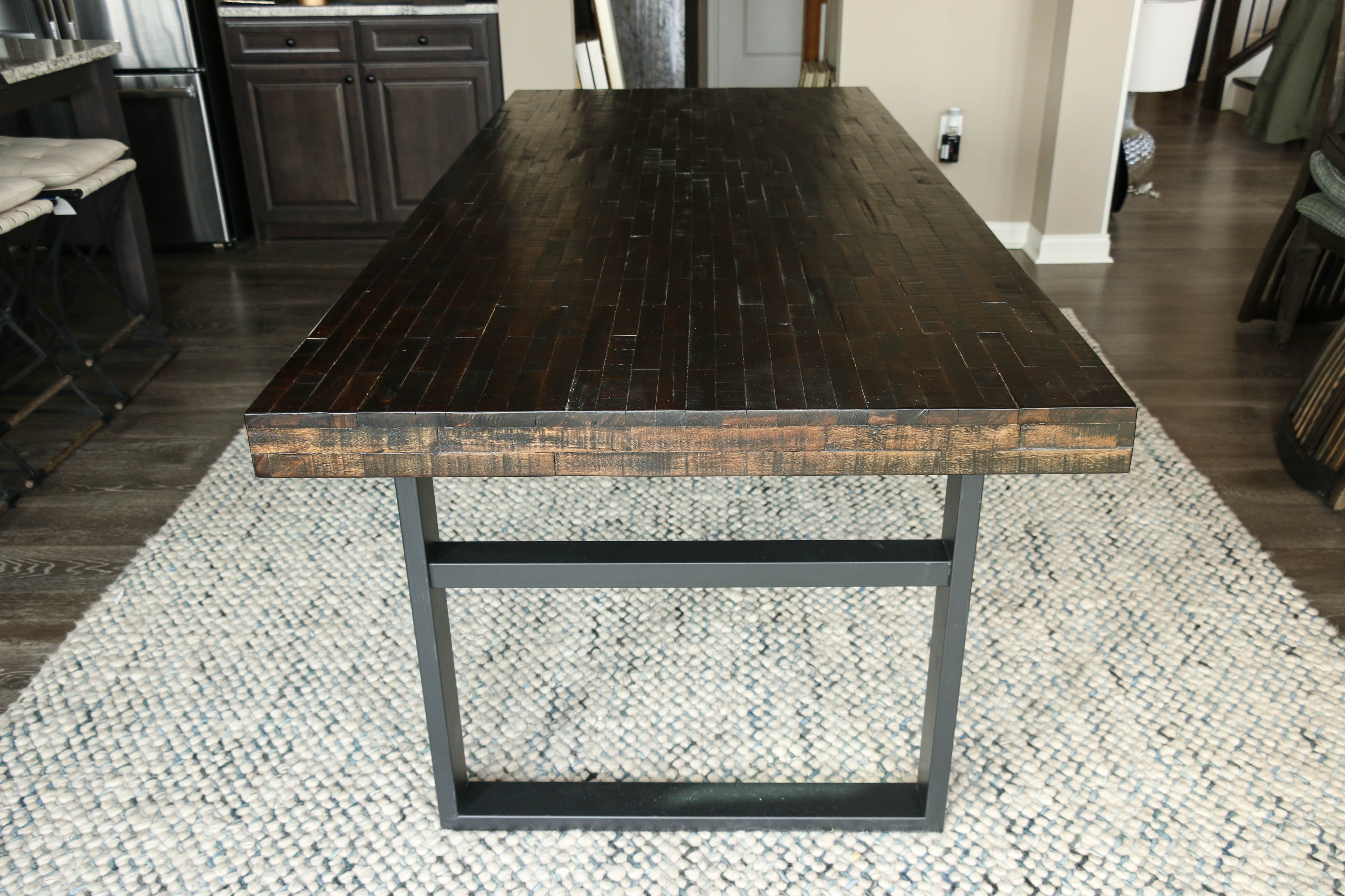 Wood Tile Dining Table with Metal Base, Contemporary
