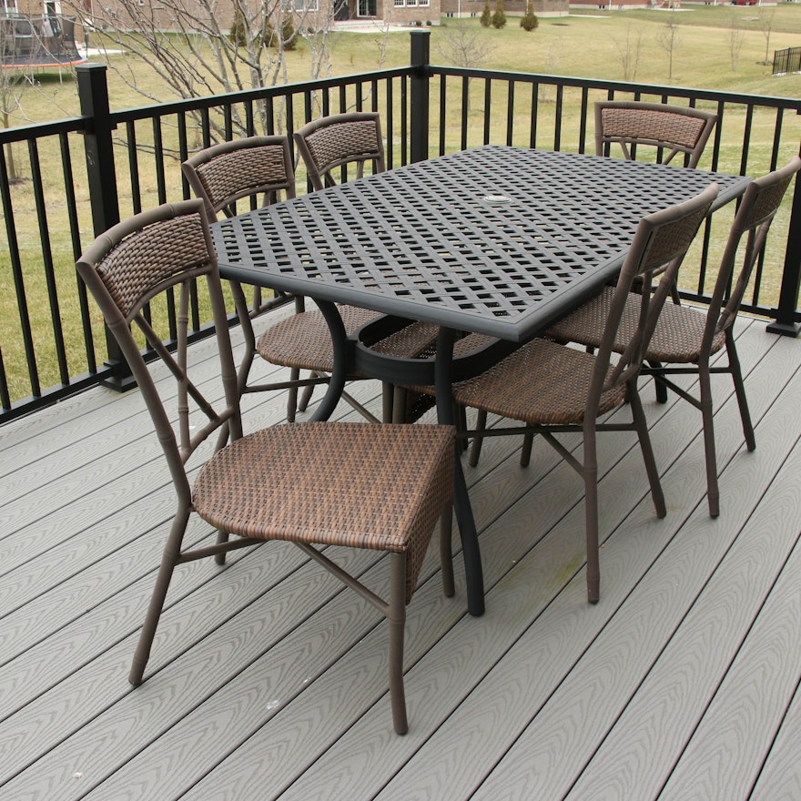 Outdoor Metal Dining Table with Panama Jack Woven Resin and Aluminum Chairs