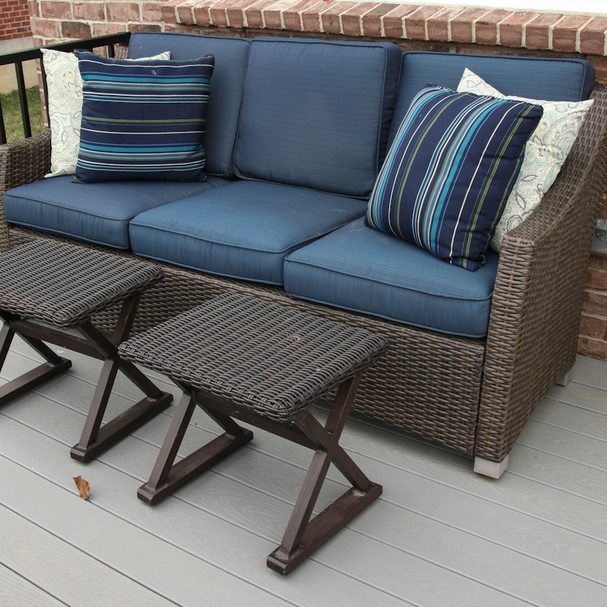 Woven Resin Patio Sofa with Weather Resistant Cushions and Side Tables