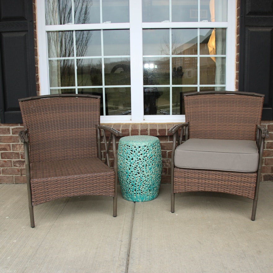 Woven Resin Patio Armchairs with Ceramic Lattice Side Table