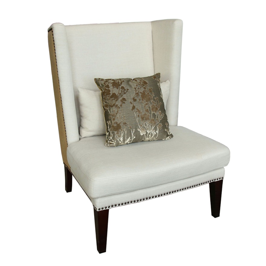 Burlap and Linen Upholstered Side Chair with Nail Head Details