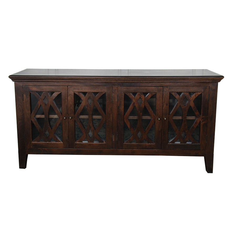 Walnut-Stained Wooden Sideboard with Lattice Framed Glass Doors