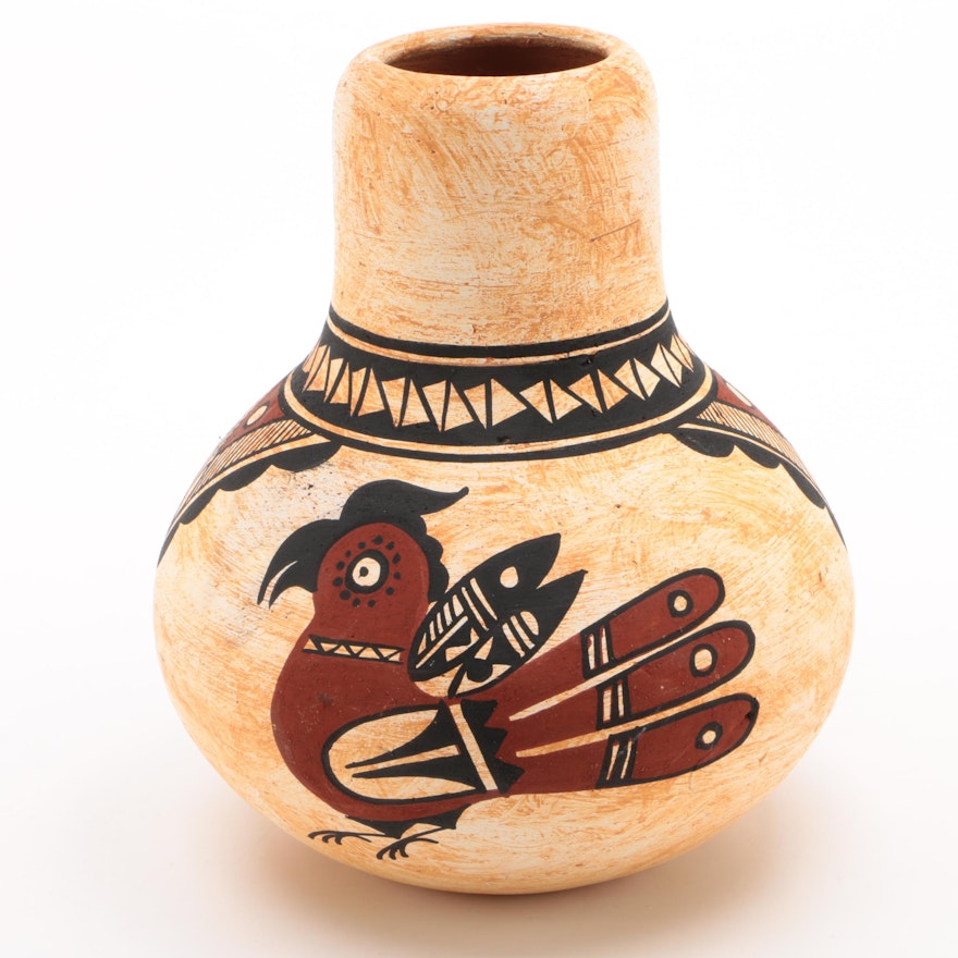 American Southwest Pueblo Earthenware Pottery Vase With Bird