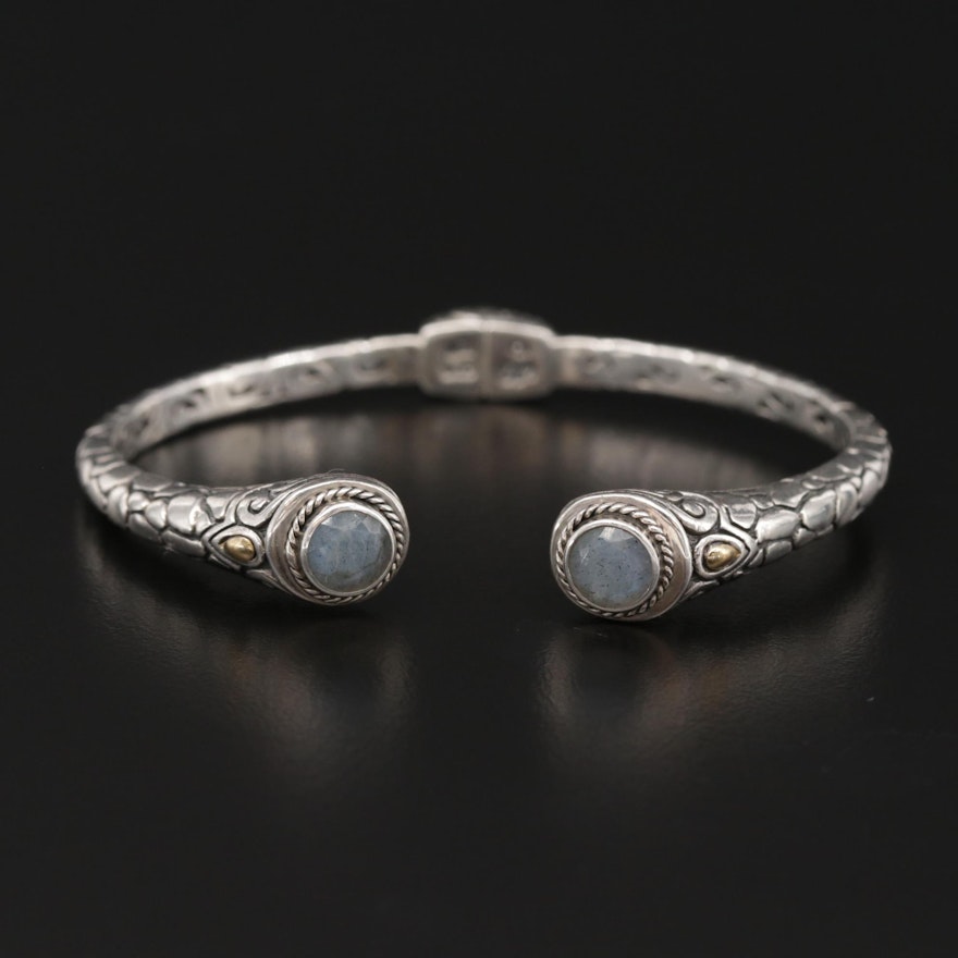 Bali Style Sterling Silver Labradorite Cuff Bracelet With 18K Gold Accents