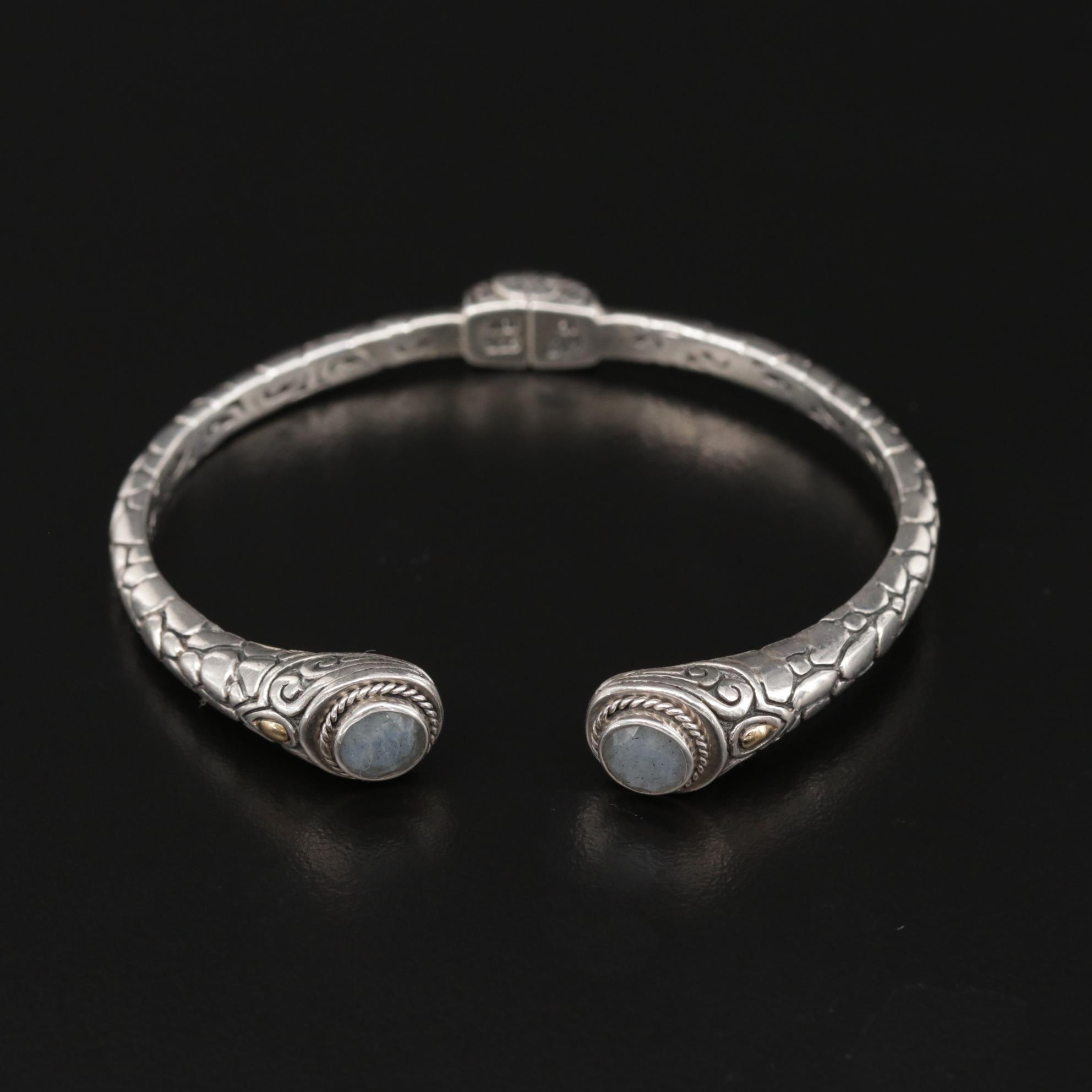 Bali Style Sterling Silver Labradorite Cuff Bracelet With 18K Gold Accents
