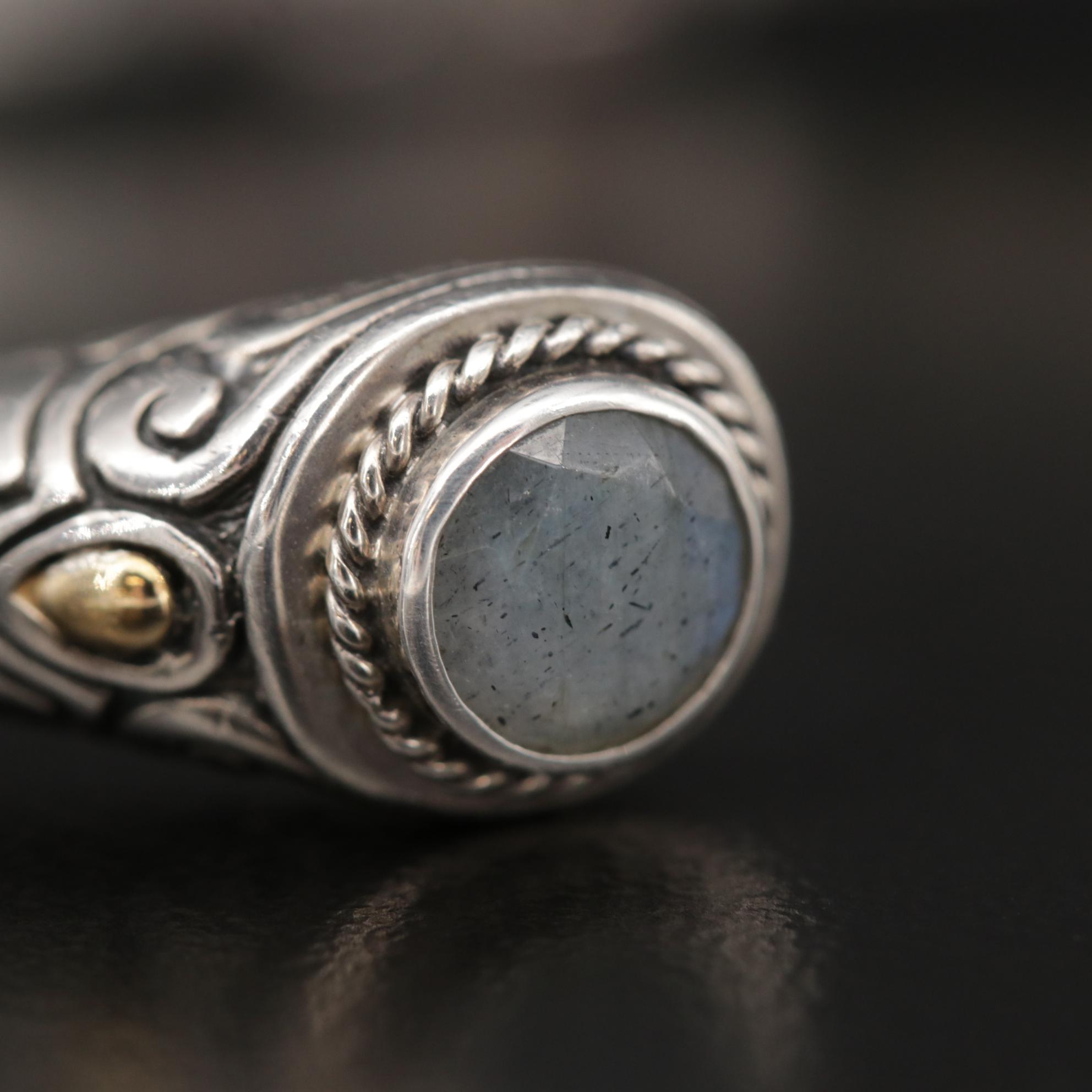Bali Style Sterling Silver Labradorite Cuff Bracelet With 18K Gold Accents