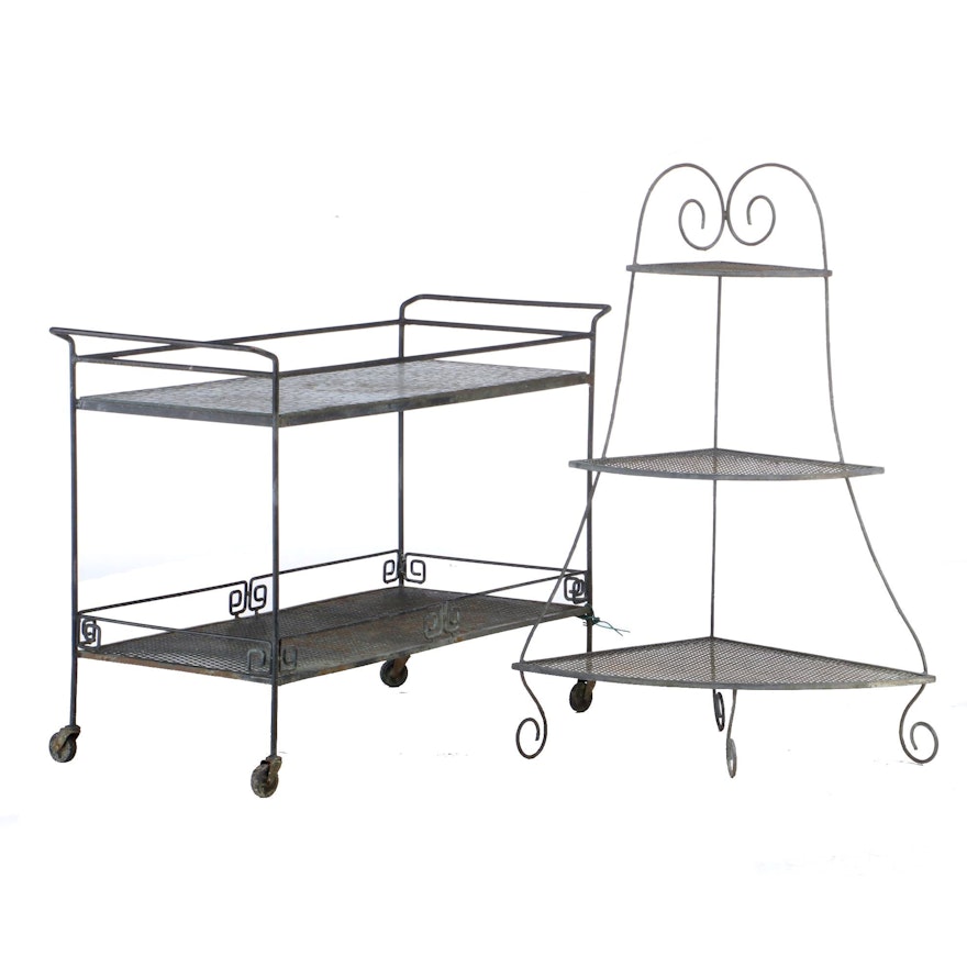 Wrought Iron Mesh Patio Cart and Corner Shelf, Mid 20th Century