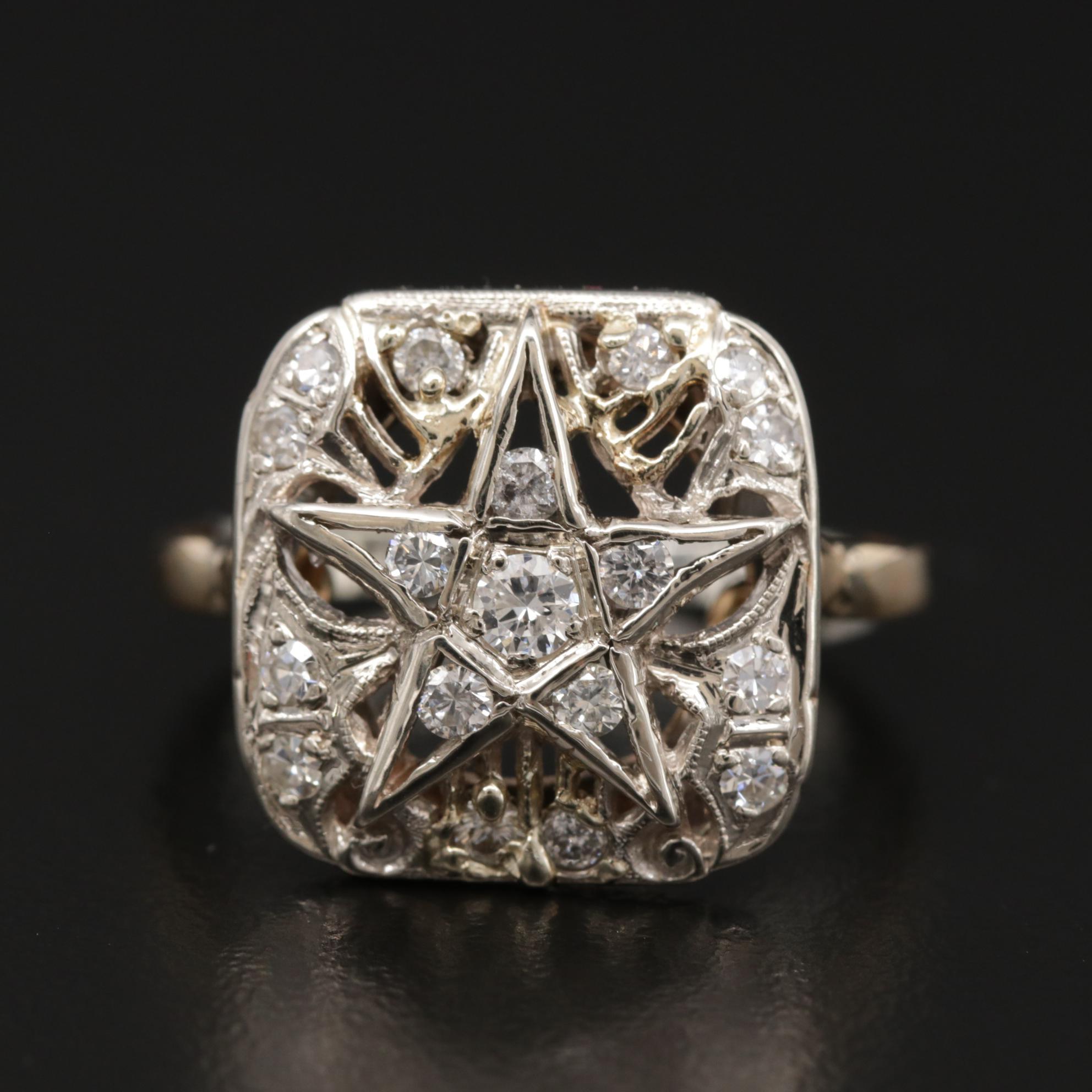 Vintage 14K Yellow and White Gold Diamond Eastern Star Ring